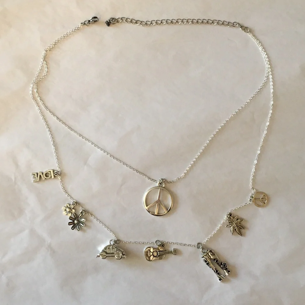 “Groovy Hippie" Handmade 2-Layer Necklace, Flower Power Peace Love Music VW Bug - Picture 11 of 15